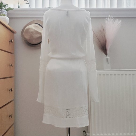 RESORT- White Long Sleeve Cotton Blend Beach Dress- Size 2 - Picture 11 of 12
